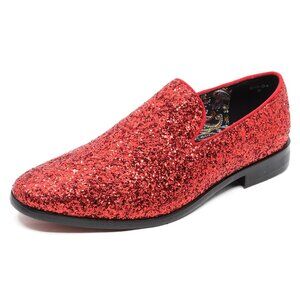Red Glitter Men's Vintage Designer Classic Smoking Dress Tuxedo Loafers Shoes